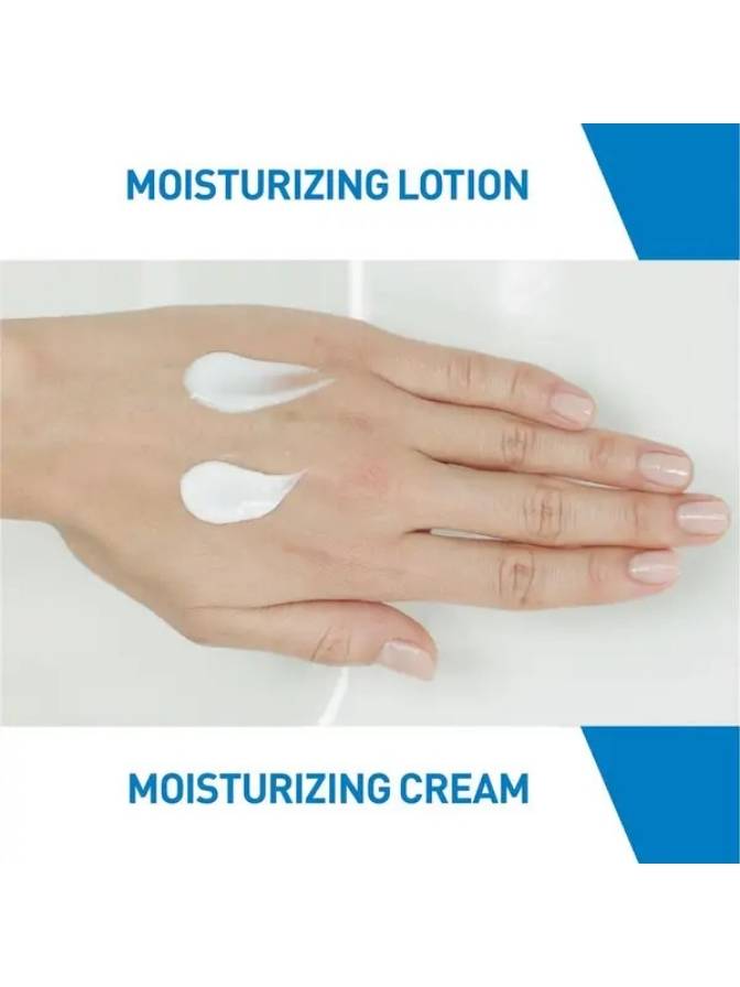 Hand applying moisturizing lotion with text 'Moisturizing Lotion' and 'Moisturizing Cream' on a white background.