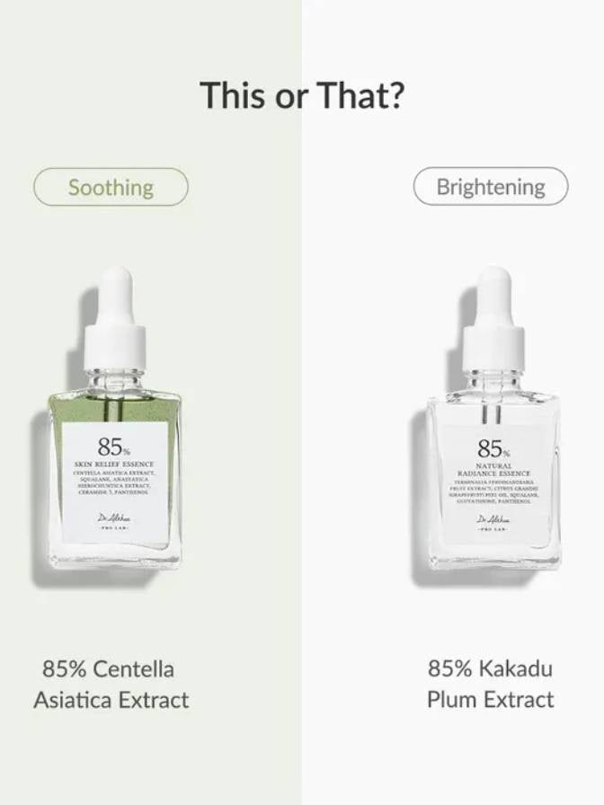 Two skincare essence bottles labeled 'Soothing' and 'Brightening' on a light gray background.