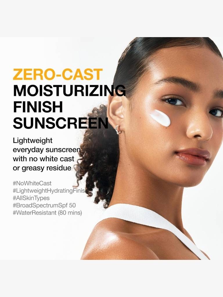 Advertisement for Zero-Cast moisturizing finish sunscreen with a model wearing it.