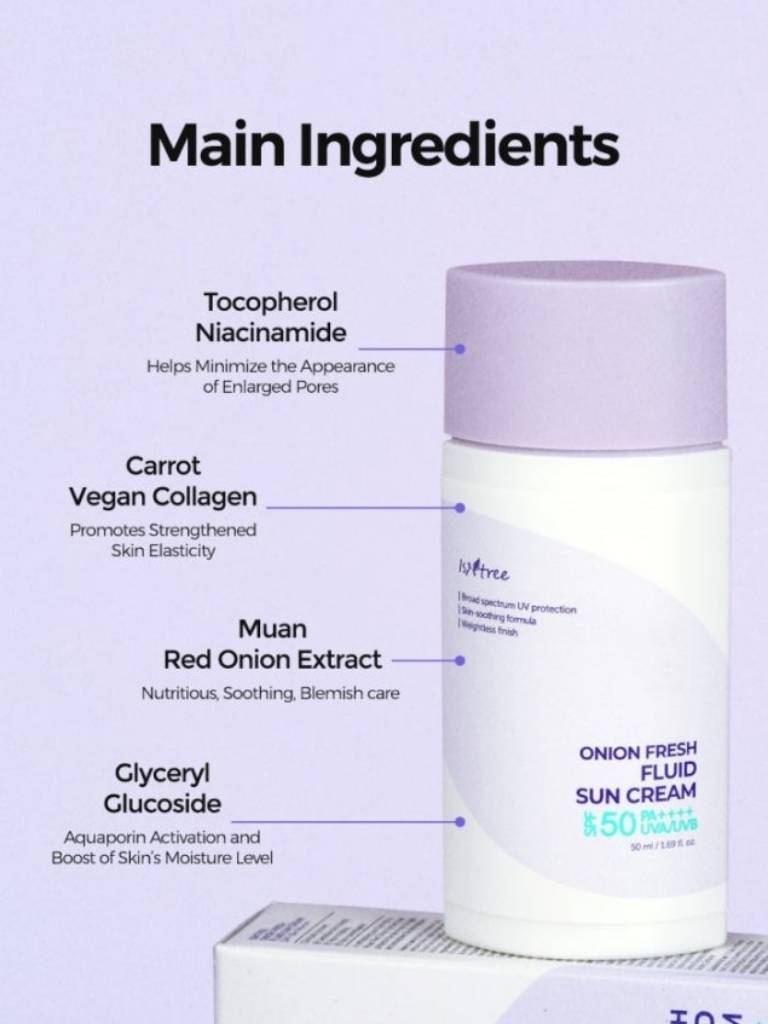 Sun cream with list of main ingredients on a light purple background
