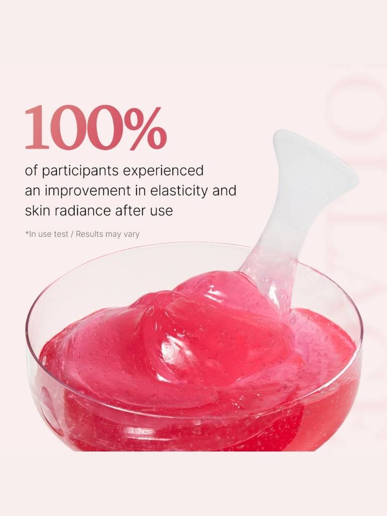 Pink gel product in a glass container with text about elasticity and skin radiance on a light pink background.