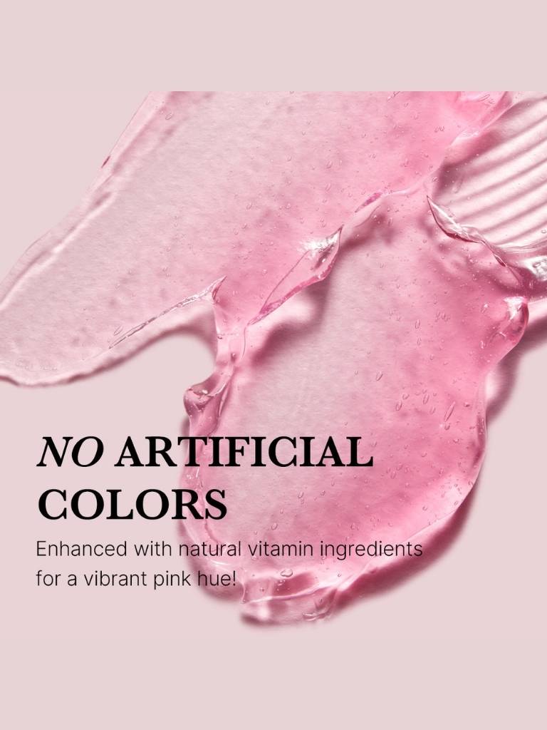 Pink cosmetic product with text about natural ingredients on a light pink background