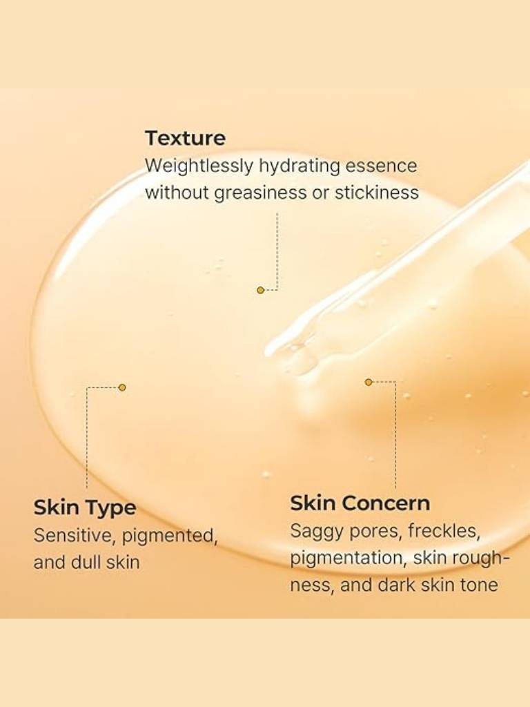 Cosmetic product with text describing its texture, suitability for skin types, and concerns.