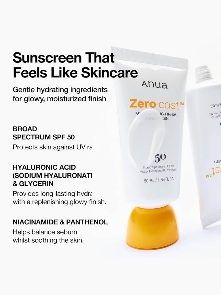 Sunscreen bottle with text detailing ingredients and benefits on a white background