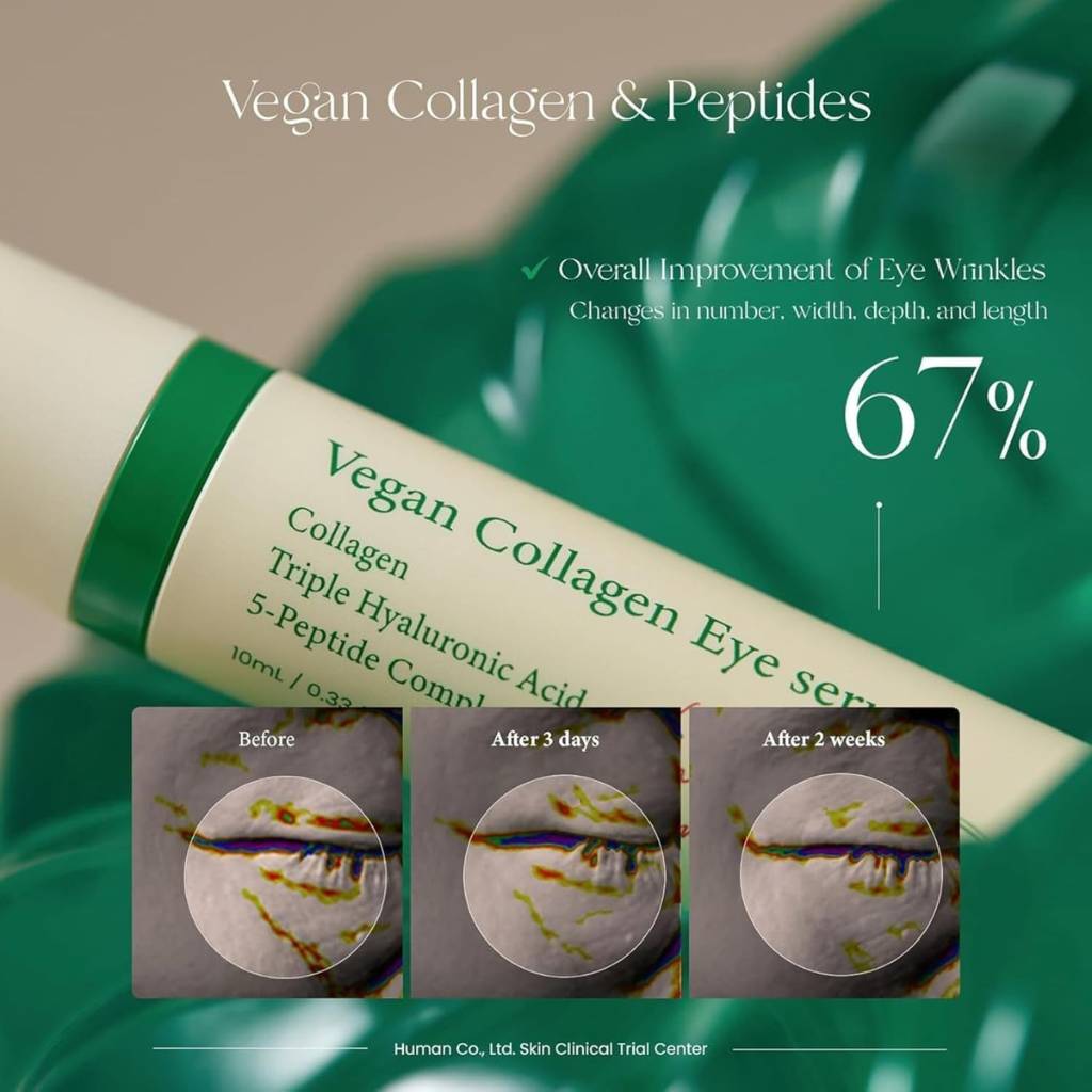 “Flat lay of AXIS-Y Vegan Collagen Eye Serum with skincare products – Korean anti-aging eye treatment”
