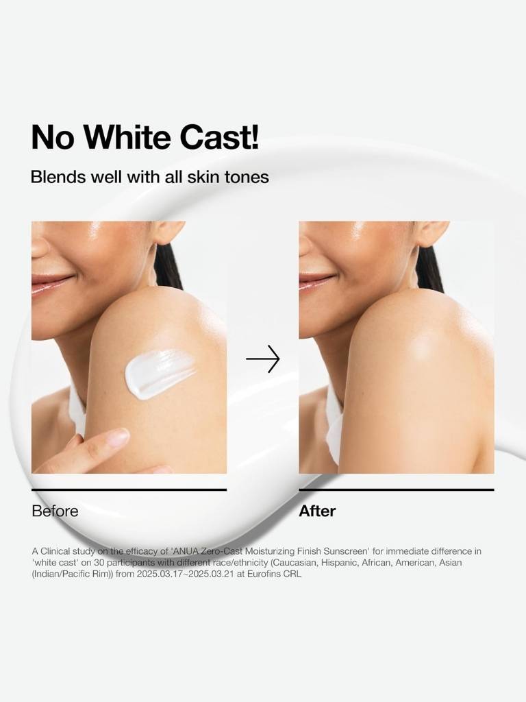 Before and after comparison of skin with a product application, emphasizing no white cast.
