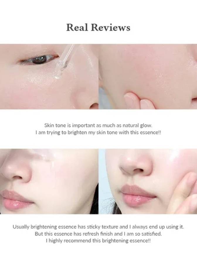 Product review of a brightening essence with close-up shots of skin and text.