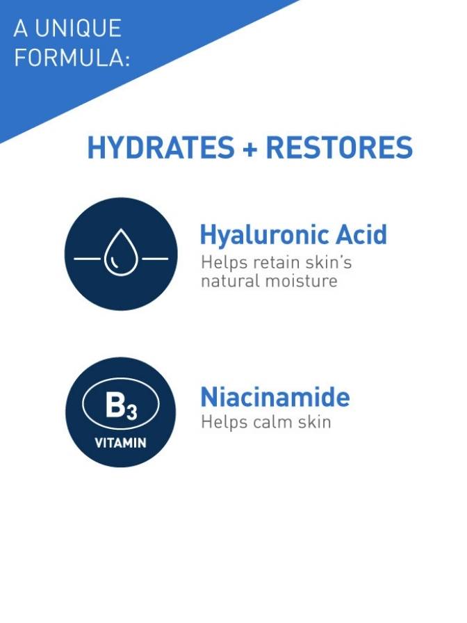 Product label with hyaluronic acid and niacinamide text on a blue and white background