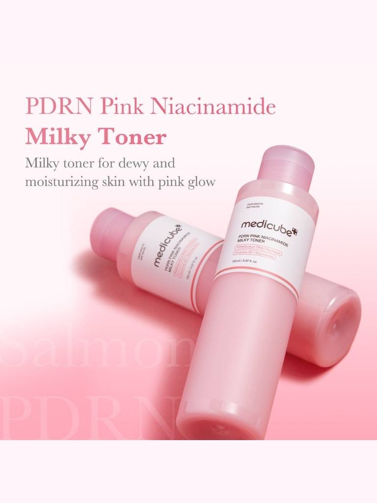 Pink Niacinamide Milky Toner with 'medicube' branding on a pink background
