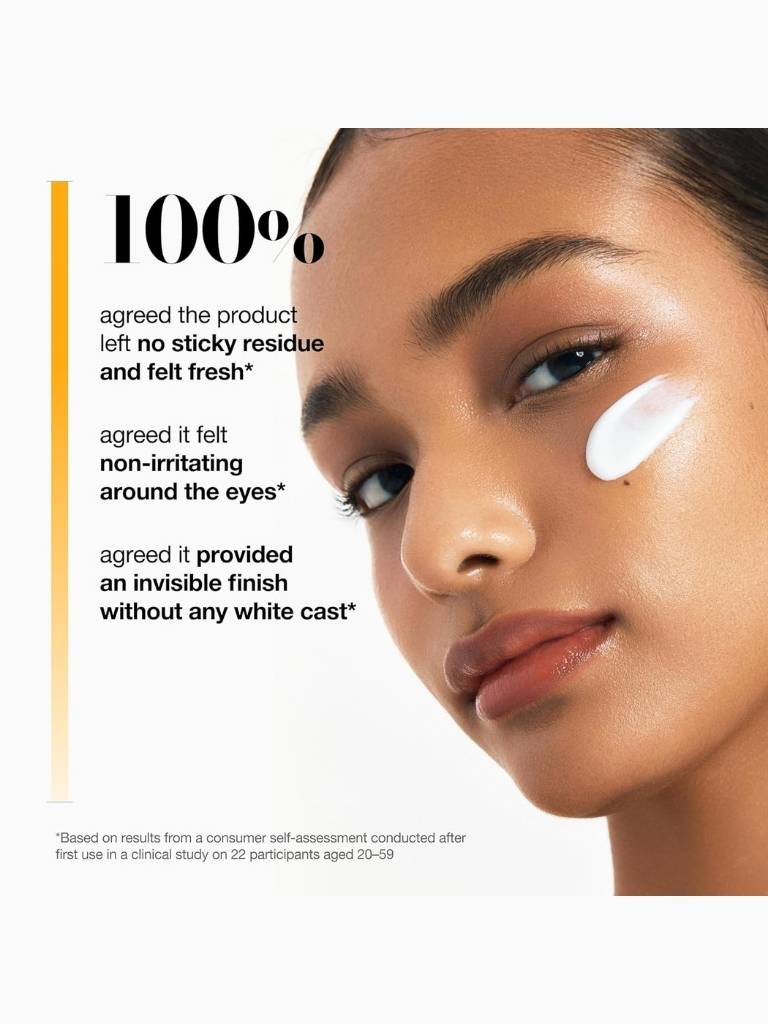 Woman with a skincare product on her face, text about product satisfaction.