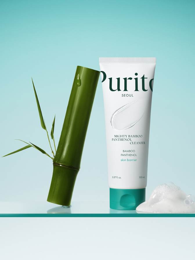 Purito skincare product with bamboo element on a light blue background