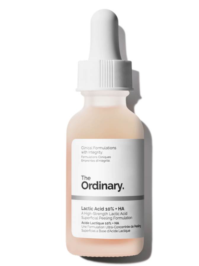 Skincare serum bottle with 'The Ordinary' label on a white background