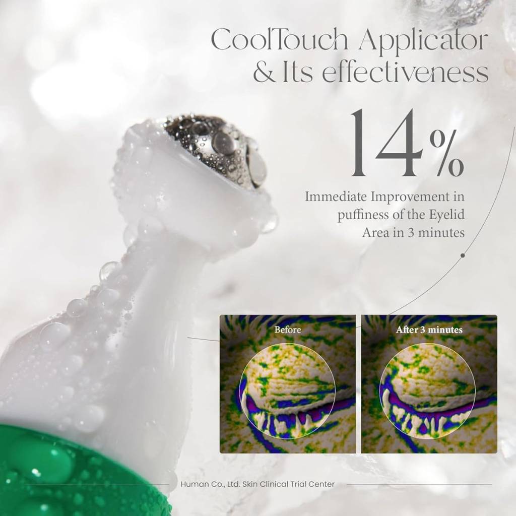 “Model applying AXIS-Y Vegan Collagen Eye Serum – reduces puffiness and dark circles”
