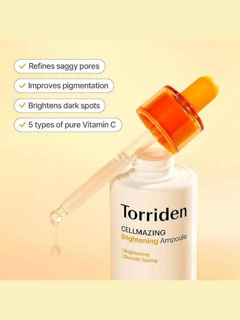 Torriden Cellmazing Brightening Ampoule with dropper on a beige background