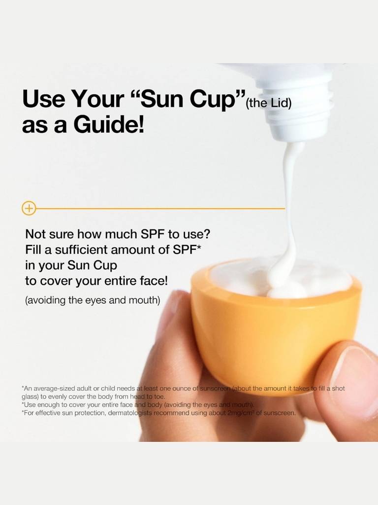 Sunscreen application guide with a 'Sun Cup' and text instructions.