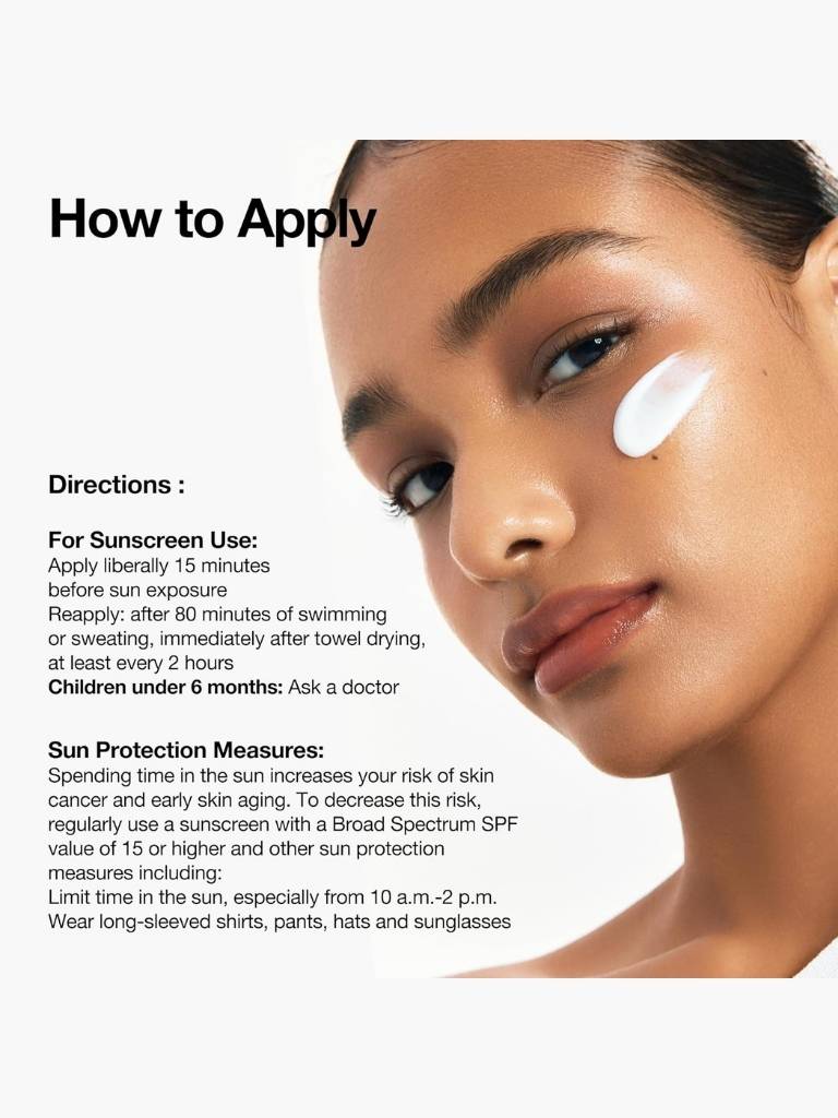 Sunscreen application guide with a close-up of a woman's face and text on a white background
