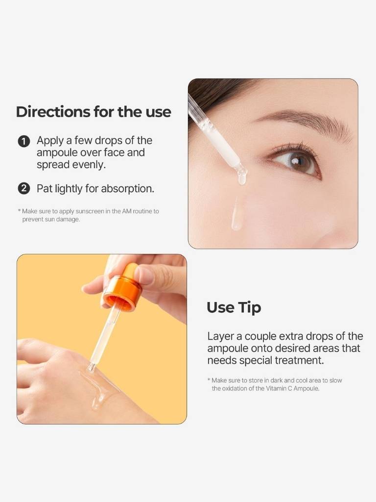 Instructions for using a skincare ampoule with close-up of application on face.