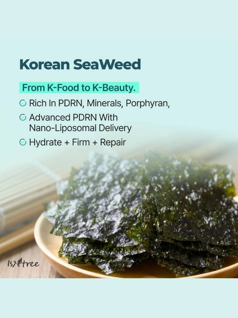 Korean seaweed on a plate with text about its benefits on a light blue background