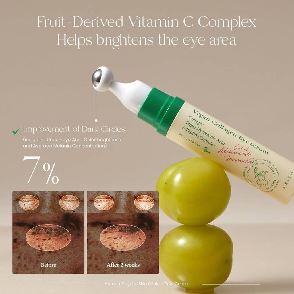 “AXIS-Y Vegan Collagen Eye Serum 10ml tube on white background – firming and brightening Korean eye care”
