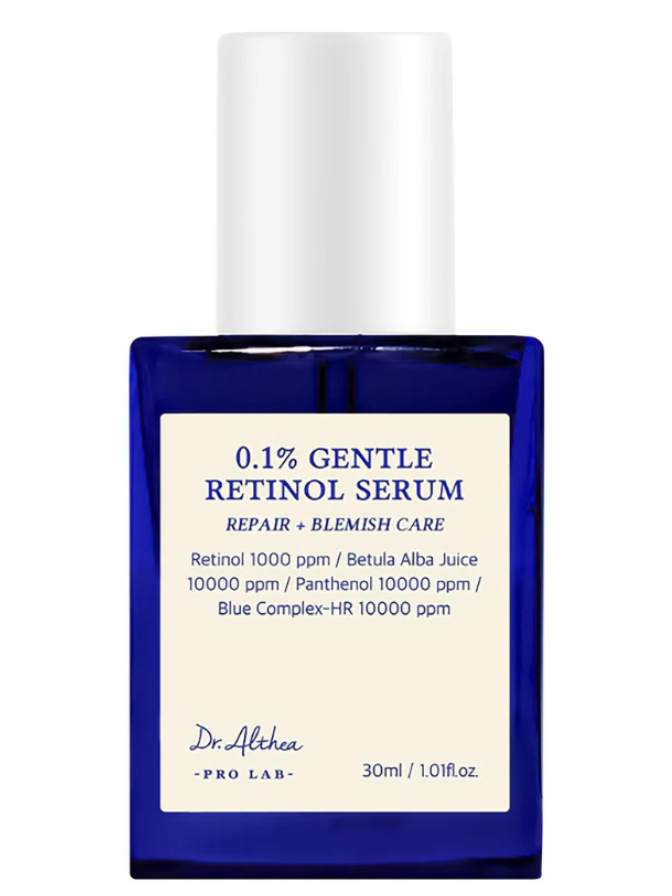 Blue bottle of 0.1% Gentle Retinol Serum by Dr. Andrew Weil for Serни on a white background