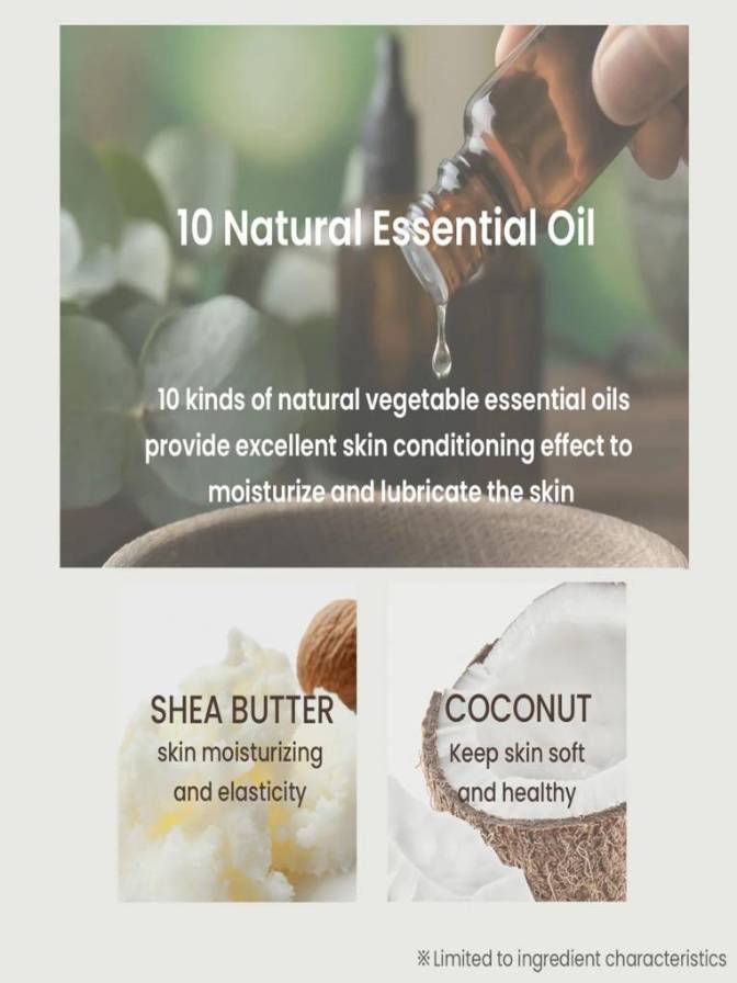 Advertisement for natural essential oils with a hand holding a dropper and images of shea butter and coconut.