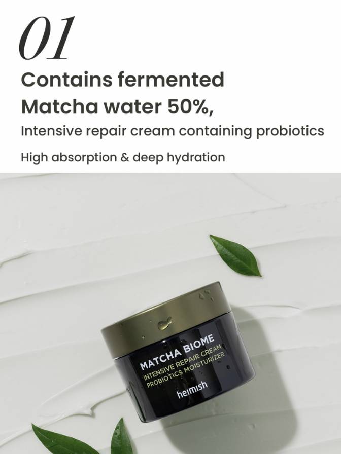 Hemish Matcha Biome intensive repair cream with matcha leaves on a white background