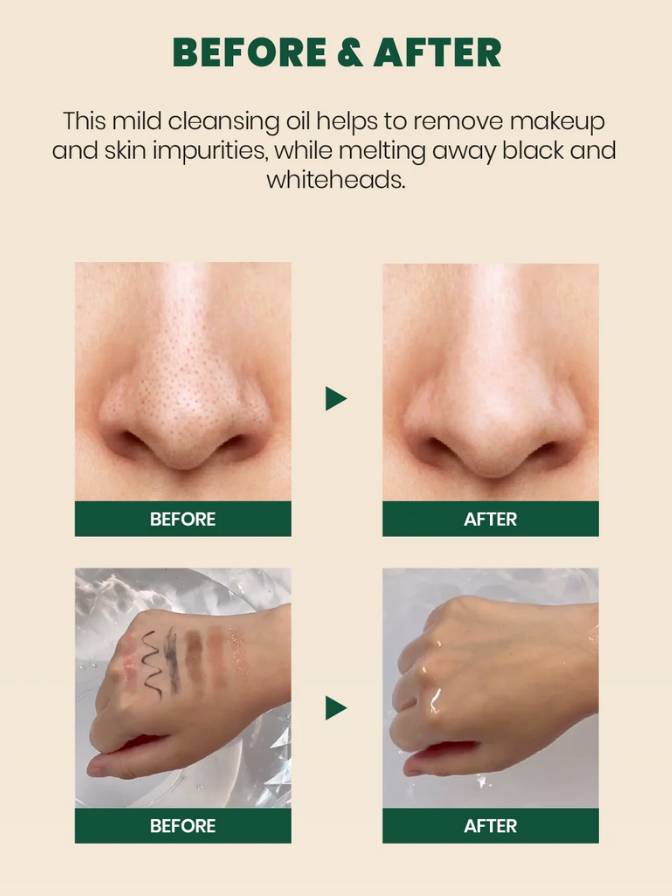 Before and after effects of a mild cleansing oil on skin and makeup.