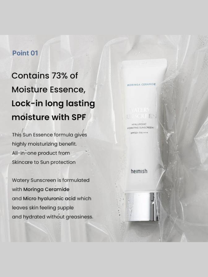 Skincare product with text detailing its moisture-essence content and SPF benefits.