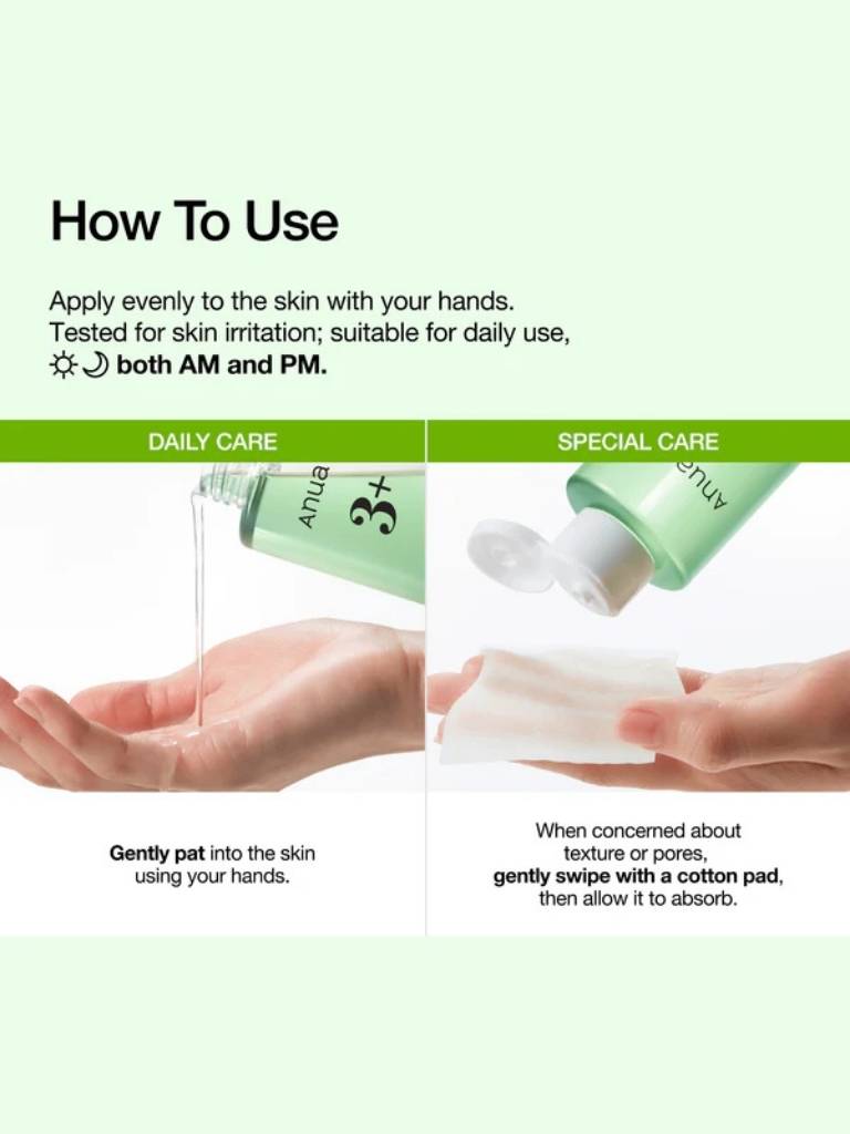 Instructions on how to use a skincare product with text and images of hands applying the product.