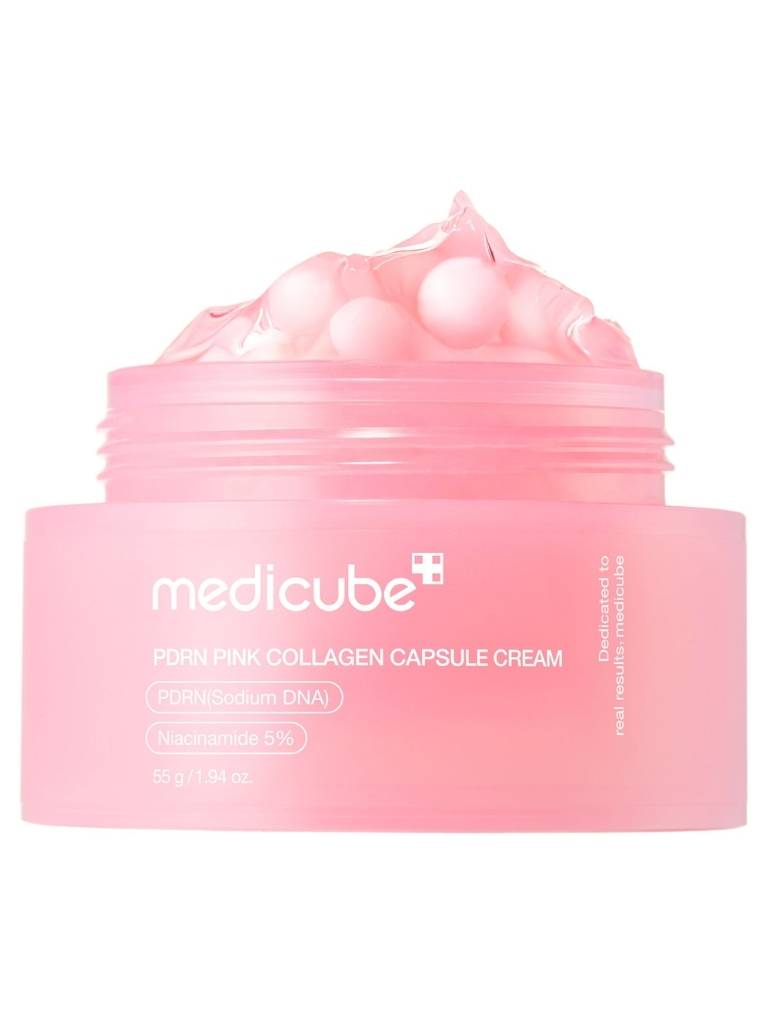Pink collagen capsule cream jar with visible brand name on a white background