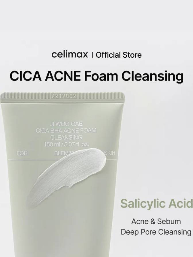 CICA ACNE Foam Cleansing tube with salicylic acid on a light gray background