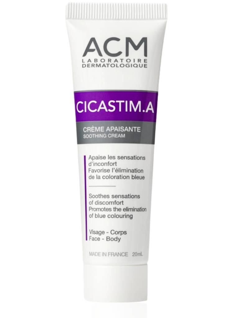 Tube of ACM Cicastim.A soothing cream on a white background