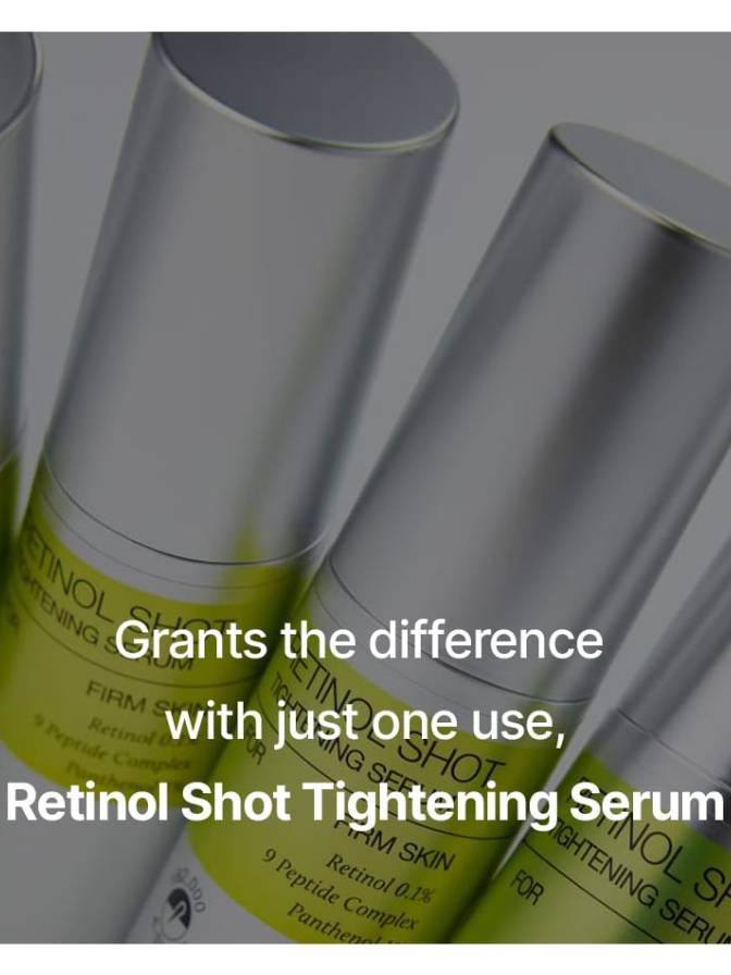 Retinol Shot Tightening Serum packaging with text on a dark background