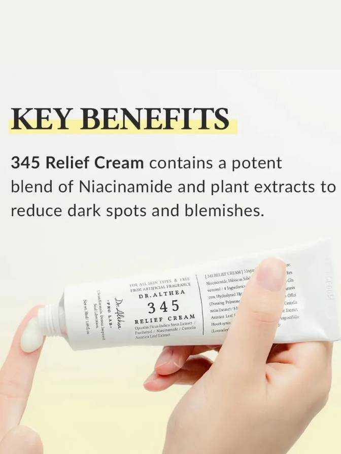 Tube of Dr. Althea 345 Relief Cream held by a hand with text about its key benefits.