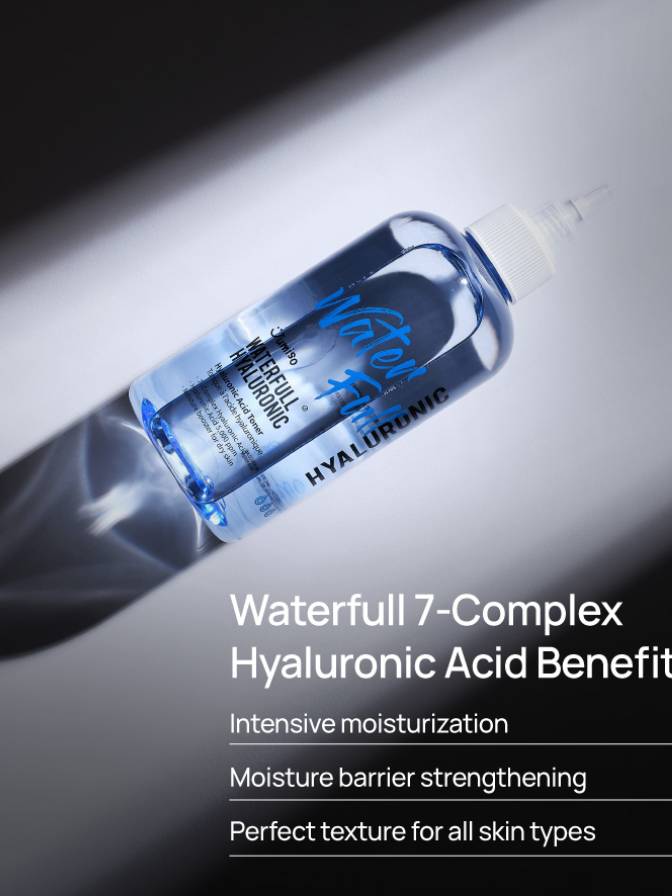 Hyaluronic acid serum bottle with text on a gray background