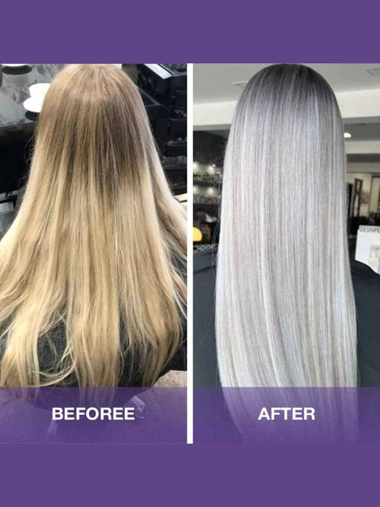 Before and after comparison of hair color transformation with a purple background.