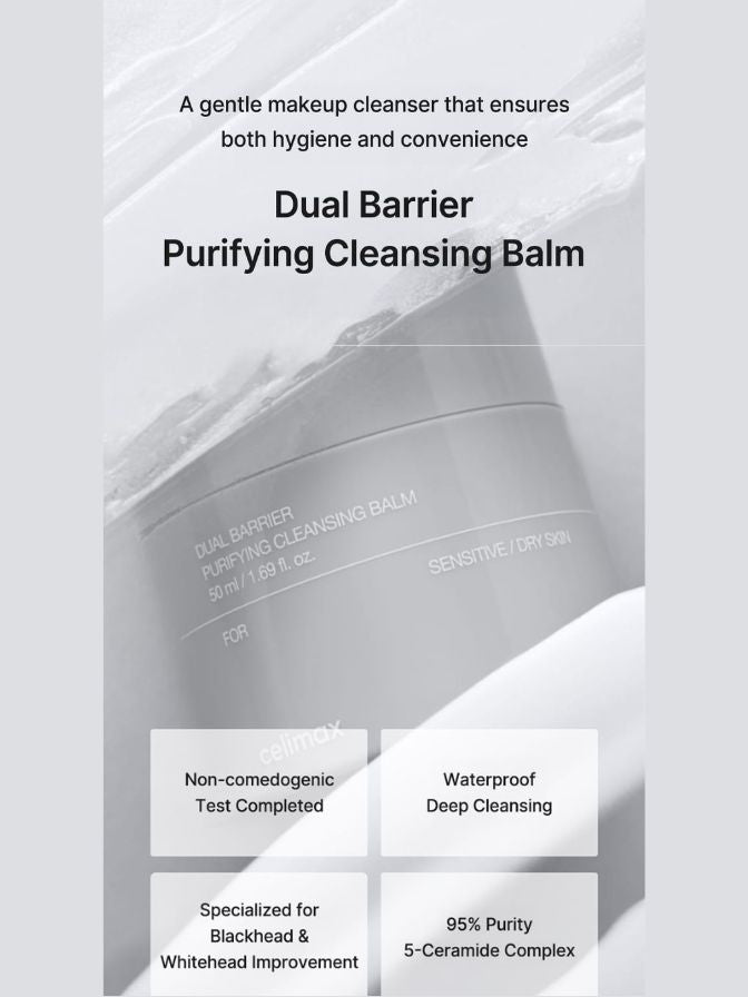 Dual Barrier Purifying Cleansing Balm packaging with text on a light gray background