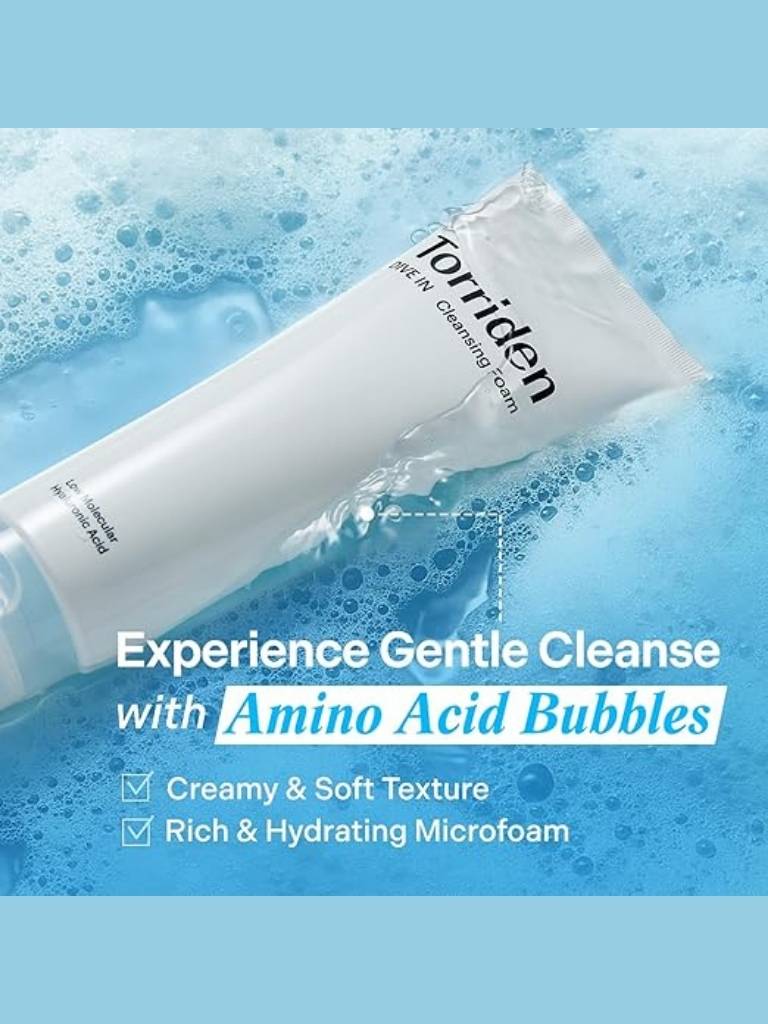 Torriden cleansing foam tube with blue background and product features text
