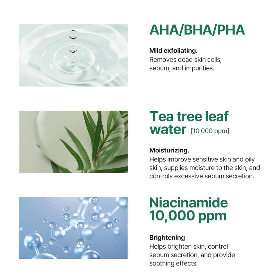 Skincare product ingredients with images and descriptions on a white background