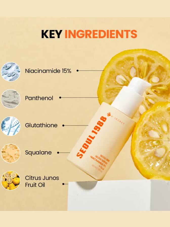 Skincare product with key ingredients listed on a beige background