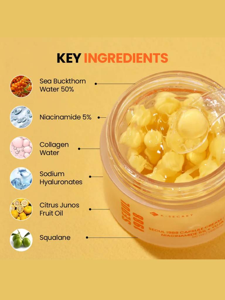 Jar of skincare product with key ingredients listed on a yellow background