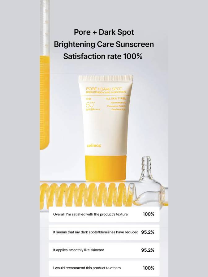 Tube of Pore + Dark Spot Brightening Care Sunscreen with satisfaction rate text on a gray background
