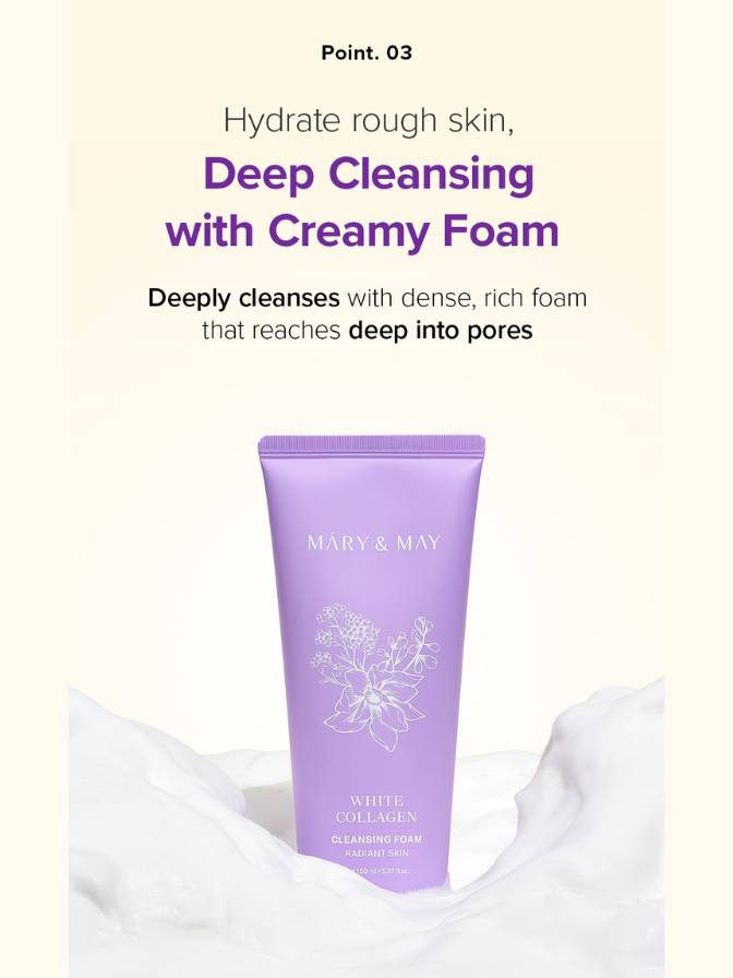 Purple cleansing foam tube with text about deep cleansing on a white background