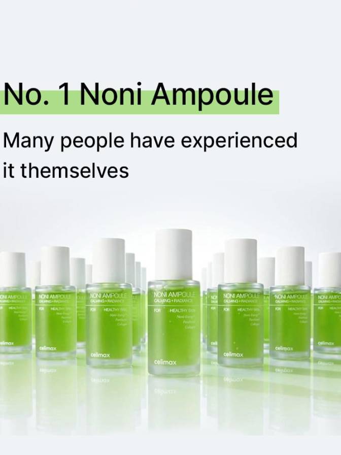 Multiple green ampoules with white caps on a reflective surface, text indicating 'No. 1 Noni Ampoule' and 'Many people have experienced it themselves'.