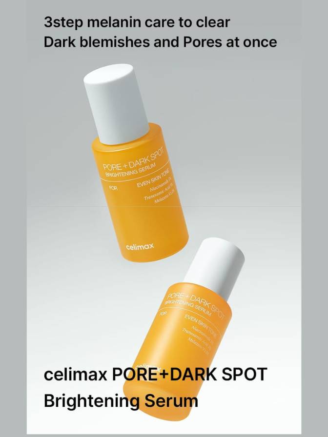 Two bottles of celimax PORE+DARK SPOT Brightening Serum on a gray background with text about melanin care.