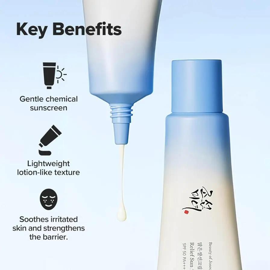Skincare product with key benefits listed on a light blue background