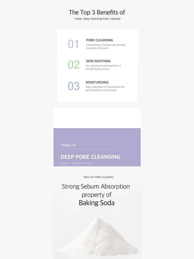 Text overlay on a white background detailing the benefits of a product with baking soda, including pore cleansing, skin soothing, moisturizing, and deep pore cleansing.