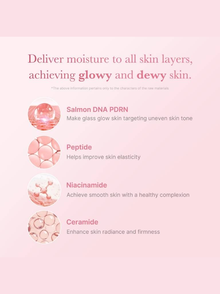 Skincare product description with ingredients on a pink background