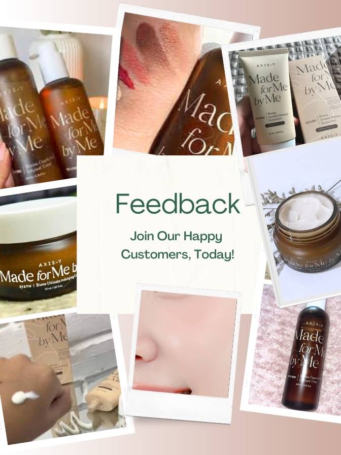 Collage of skincare products with 'Made for Me' branding and a call to action for feedback.