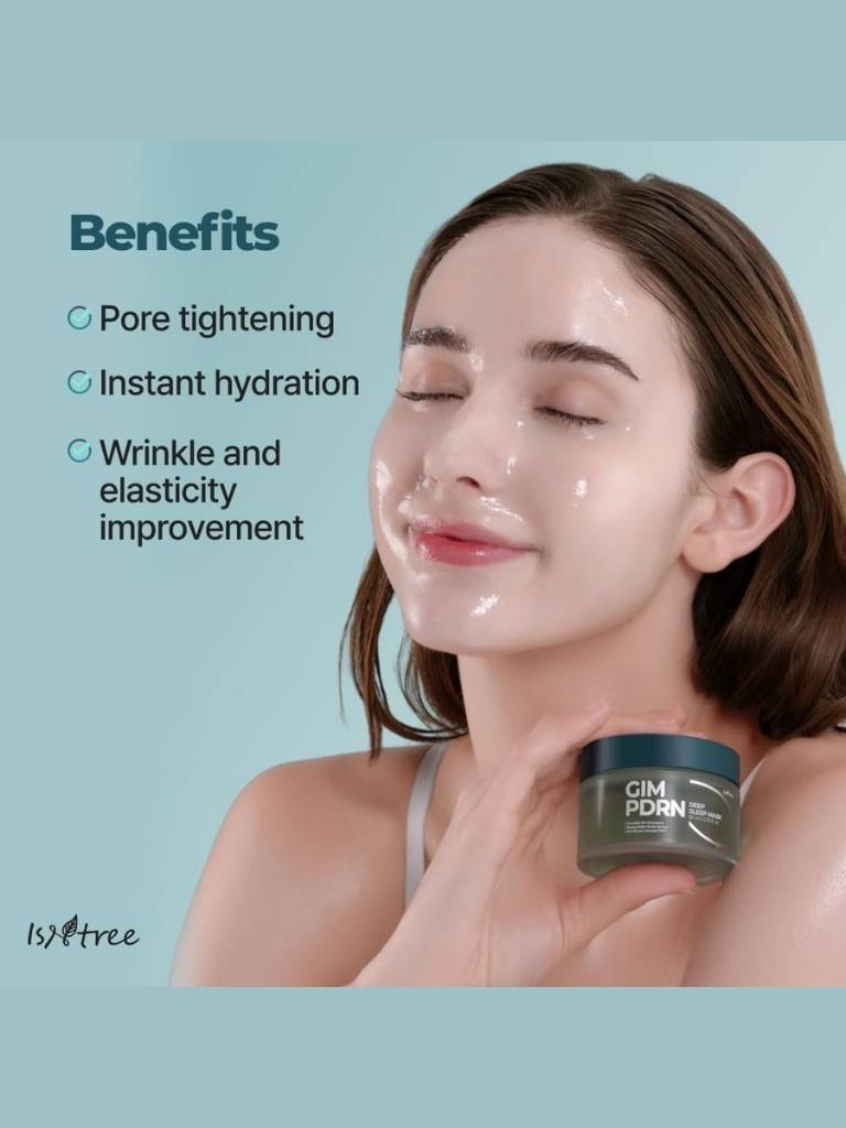 Woman applying skincare product with benefits listed on a light blue background
